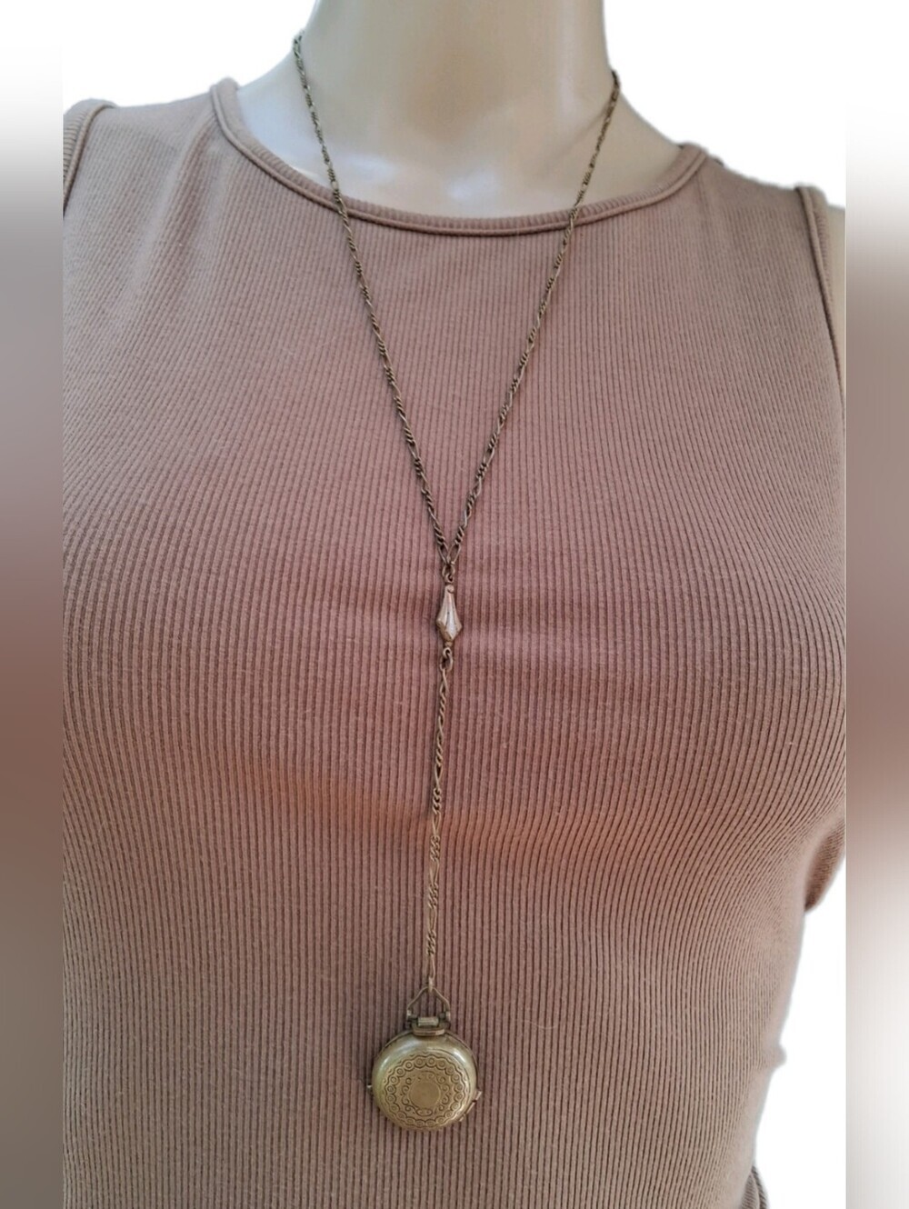Vintage Bronzetone Multi Photo Folding Book Locket Y-Necklace Figarope Chain